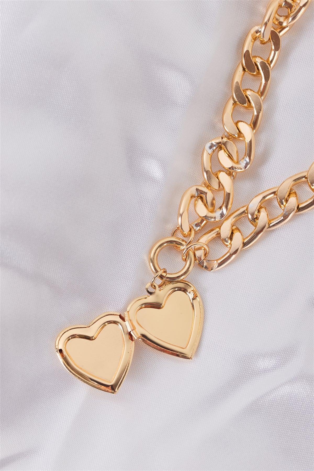 "Sailor Moon" Gold Chunky Link Chain With White Pearl Heart Medallion Set Necklace /3 Pieces