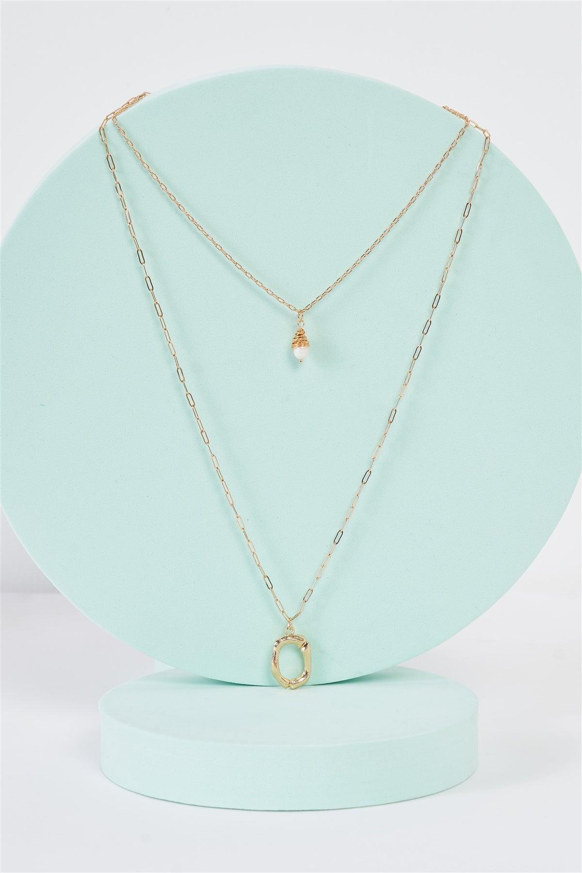 Gold Linked Double Chain Irregular Circle Detail Tear-Drop Pearl Charm Necklace /3 Pieces