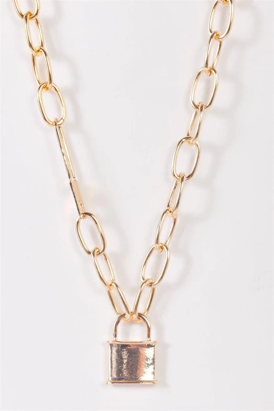 Gold Thick Paper Clip Chain With Padlock Pendant And A Pin Necklace /3 Pieces - Tasha Apparel Wholesale