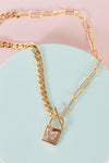 Gold Half Chunky Half Paper Clip Padlock Pendant With Rhinestone Butterfly Detail Toggle Necklace /3 Pieces
