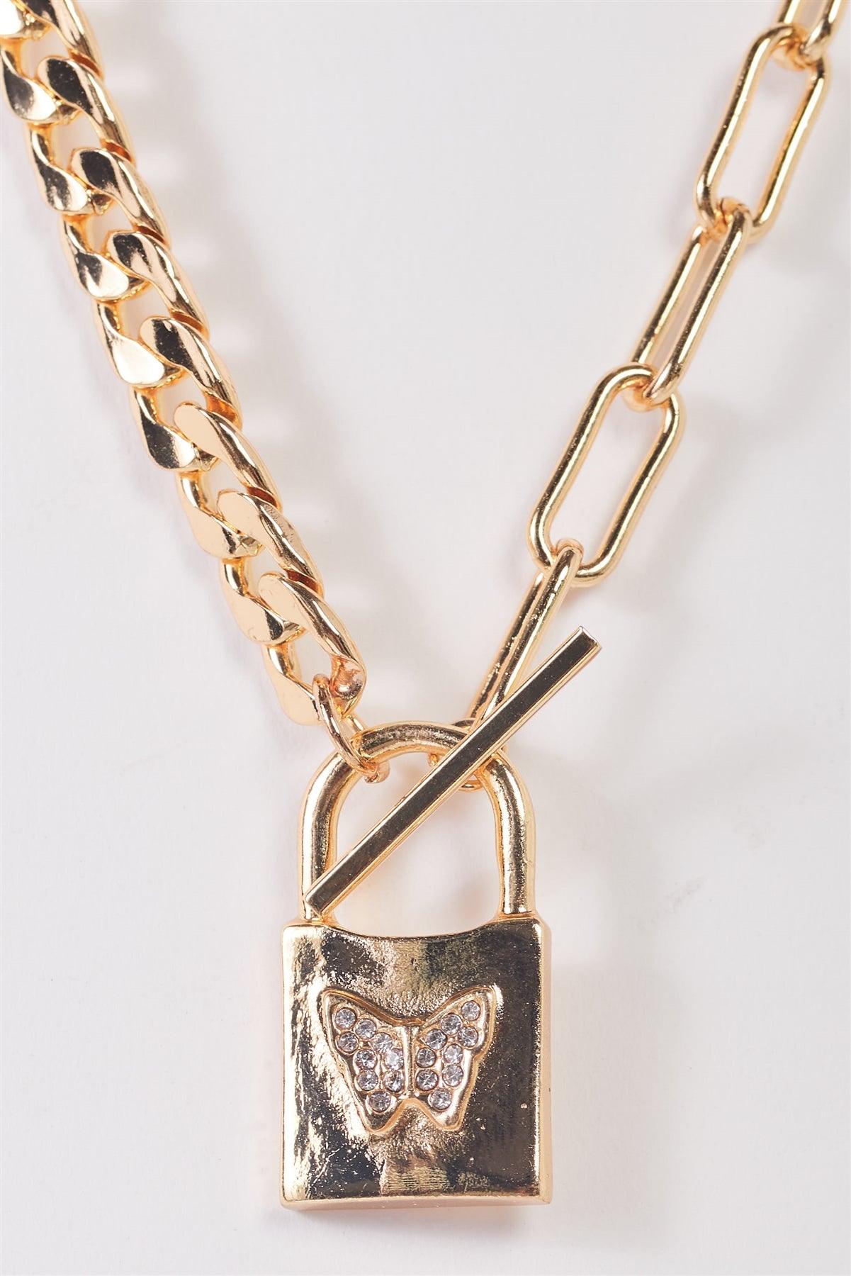 Gold Half Chunky Half Paper Clip Padlock Pendant With Rhinestone Butterfly Detail Toggle Necklace /3 Pieces