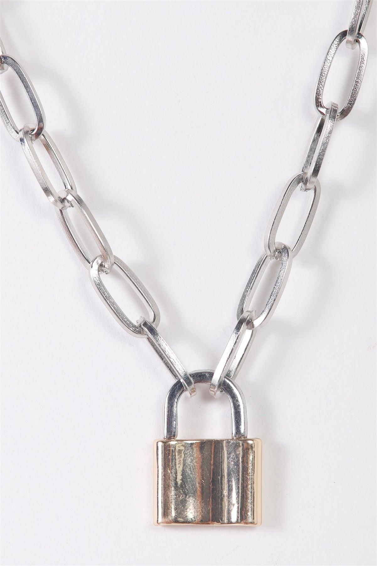 Silver Paper Clip Chain With Gold Padlock Pendant Necklace /3 Pieces