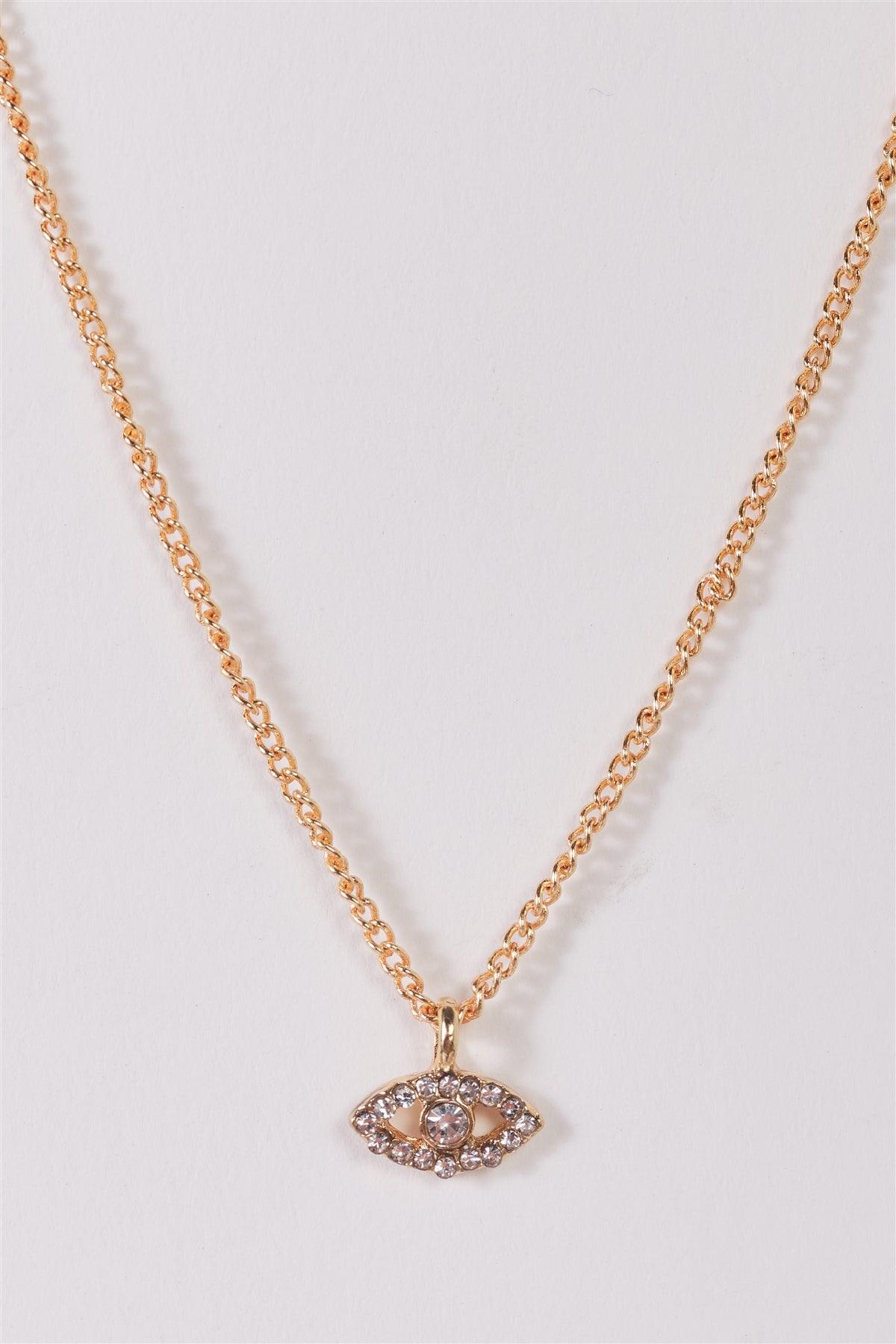 Gold Link Chain With "Evil Eye" Rhinestone Pendant Necklace /3 Pieces