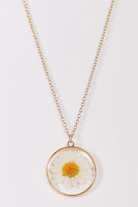 Gold Linked Chain Real Daisy Pendant Necklace - Tasha Apparel Wholesale