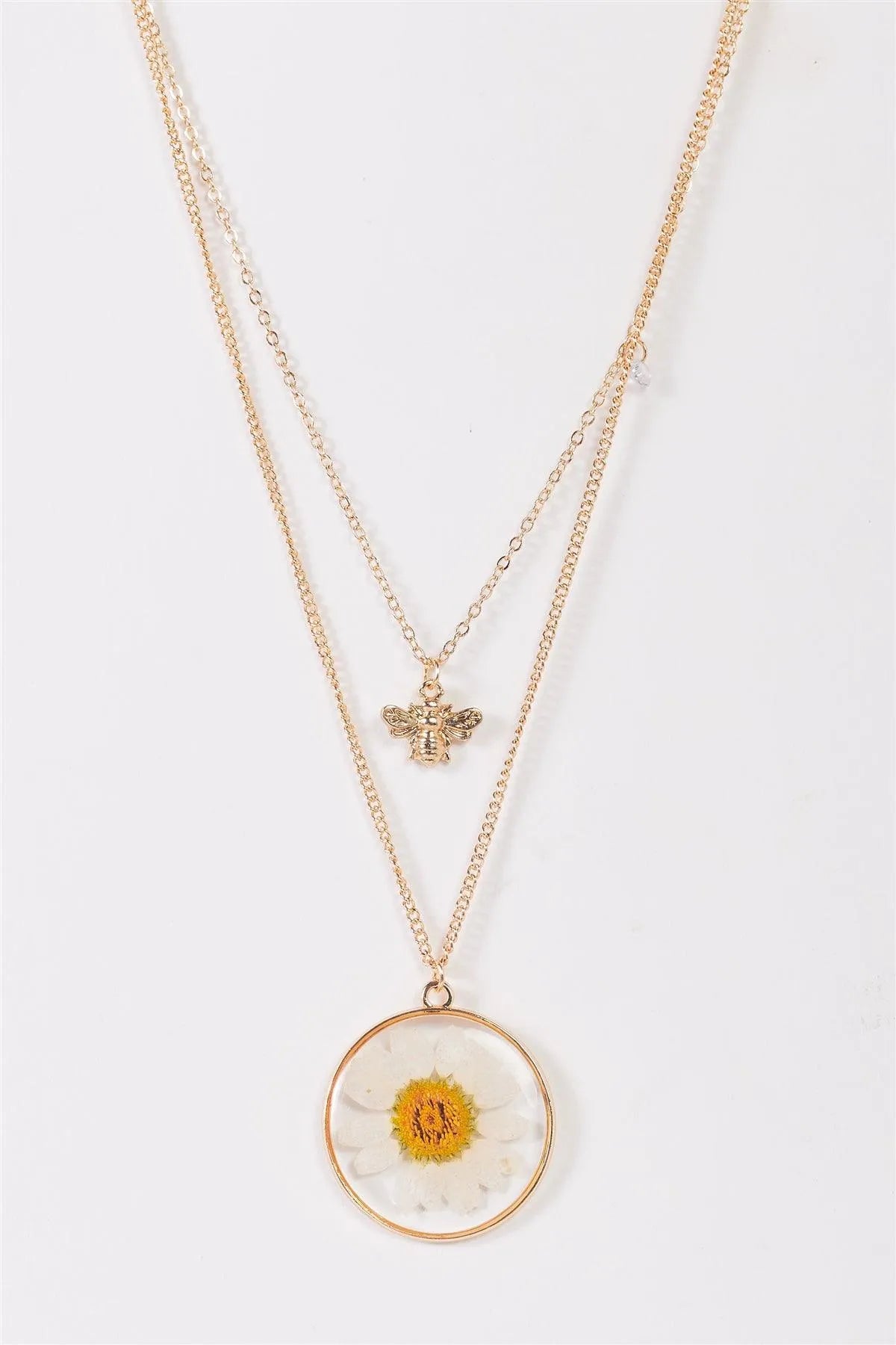 Gold Chain Real Daisy Bee Faux Diamond Pendants Necklace - Tasha Apparel Wholesale