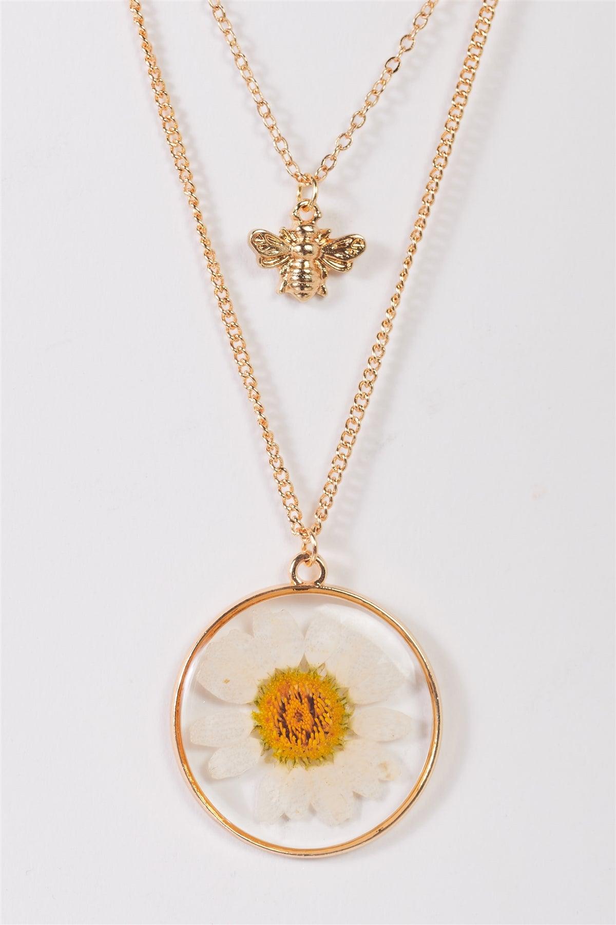 Gold Double Linked Chain With Real Daisy & Bee With Faux Diamond Pendants Necklace /3 Pieces