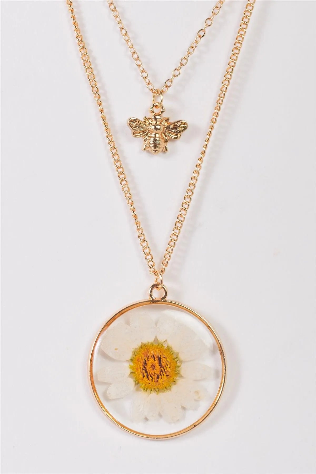 Gold Chain Real Daisy Bee Faux Diamond Pendants Necklace - Tasha Apparel Wholesale