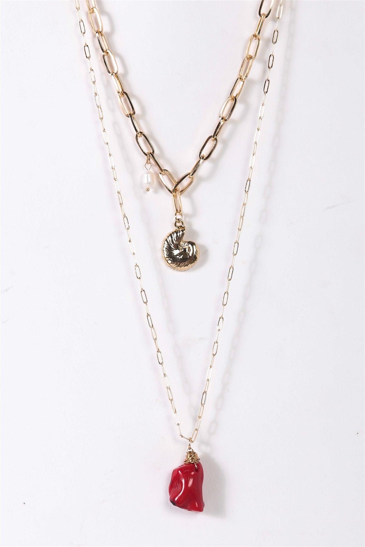Gold Double Paper Clip Thin & Thick Chains With Shell & Red Stone Pendants And A Pearl Necklace /3 Pieces