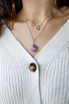 Gold Double Chain With Faux Violet Amethyst Stone & Uneven Circle Pendant Necklace /3 Pieces