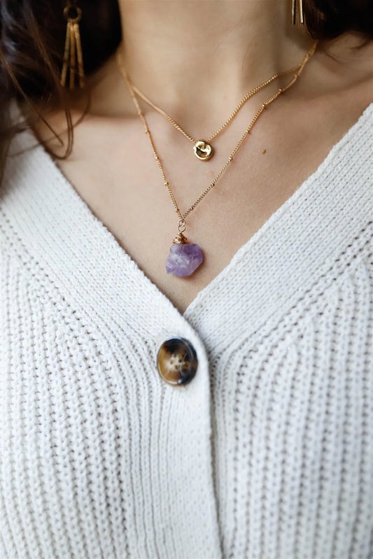 Gold Double Chain With Faux Violet Amethyst Stone & Uneven Circle Pendant Necklace /3 Pieces - Tasha Apparel Wholesale