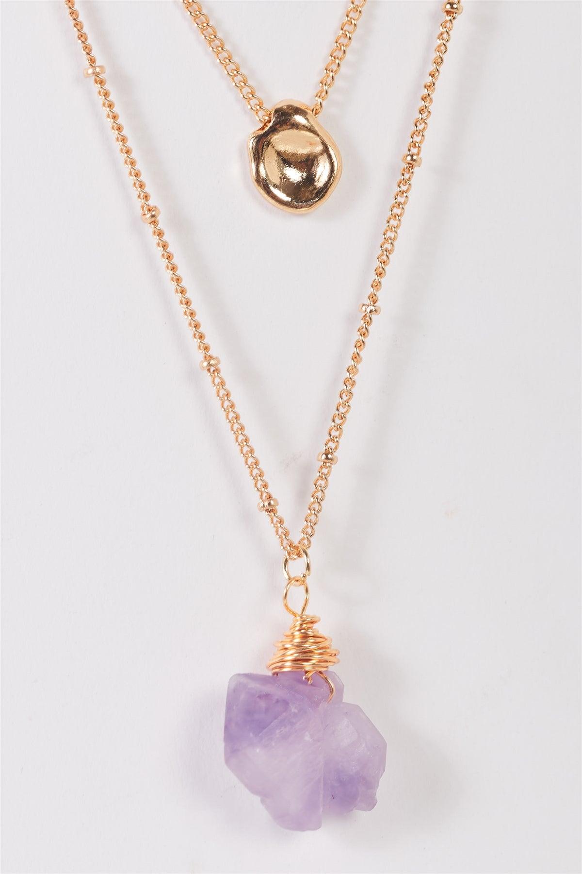 Gold Double Chain With Faux Violet Amethyst Stone & Uneven Circle Pendant Necklace /3 Pieces