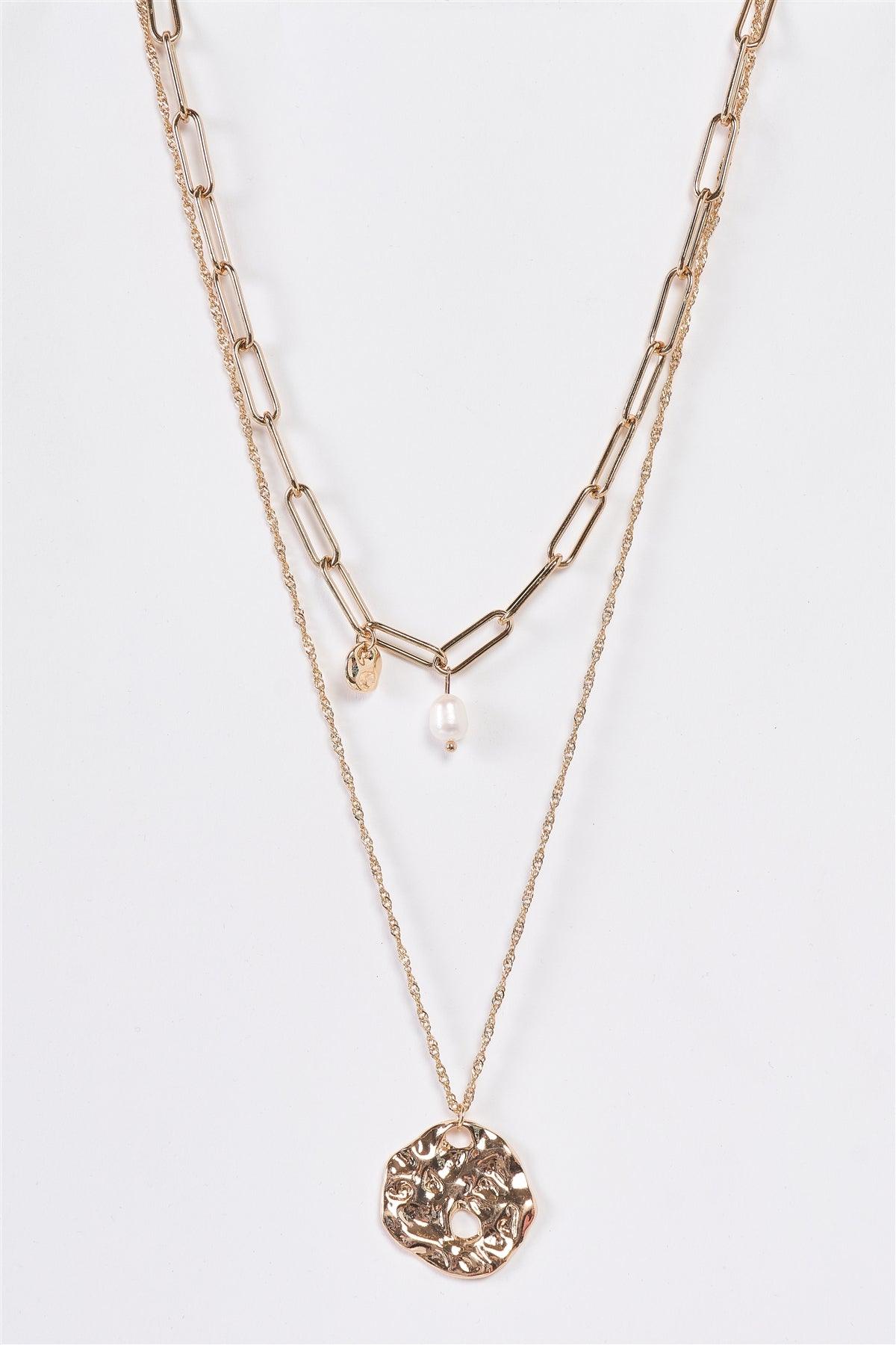 Gold Double Paperclip Chain And Twisted Chain Pearl And Medallion Pendant Necklace /3 Pieces