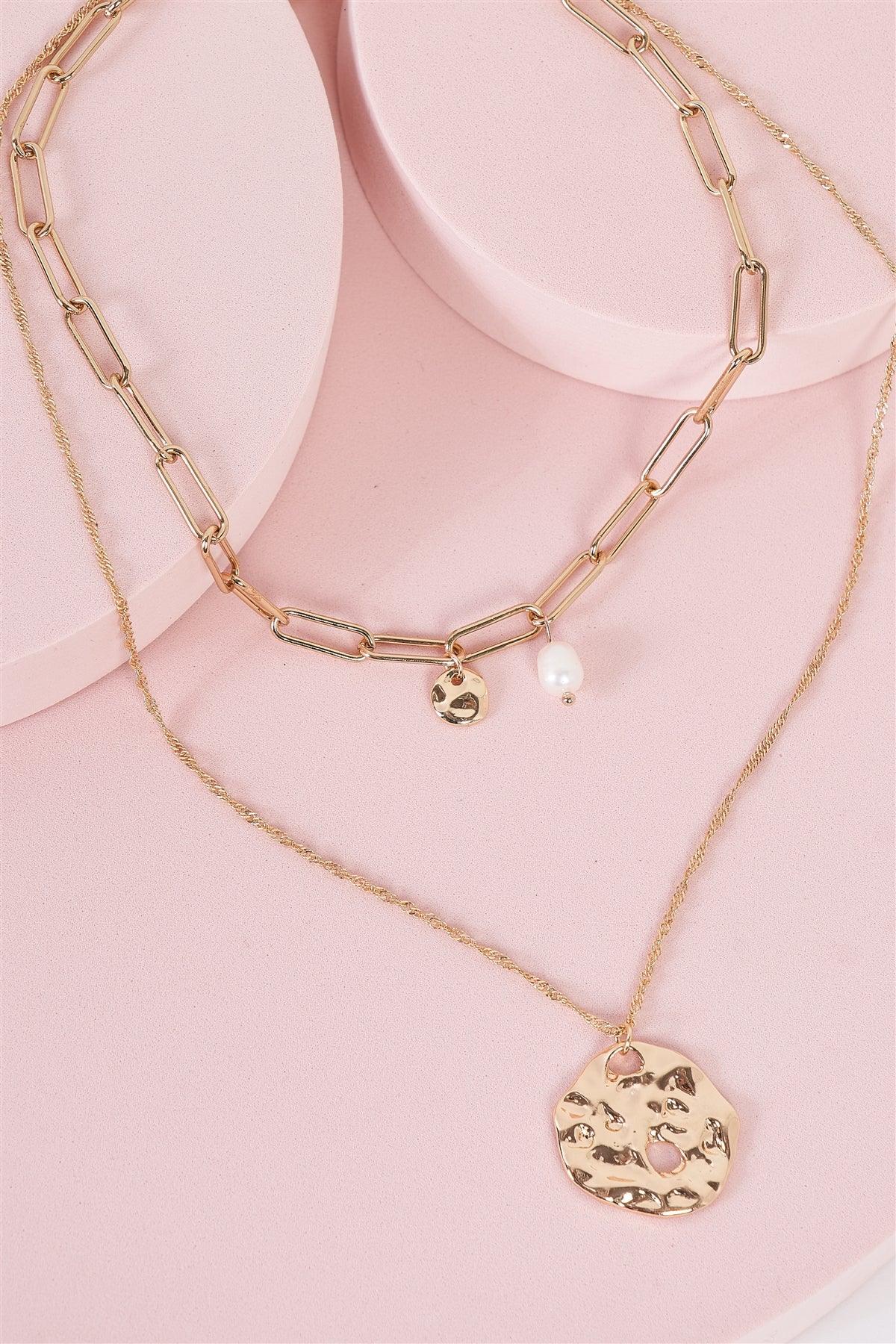 Gold Double Paperclip Chain And Twisted Chain Pearl And Medallion Pendant Necklace /3 Pieces