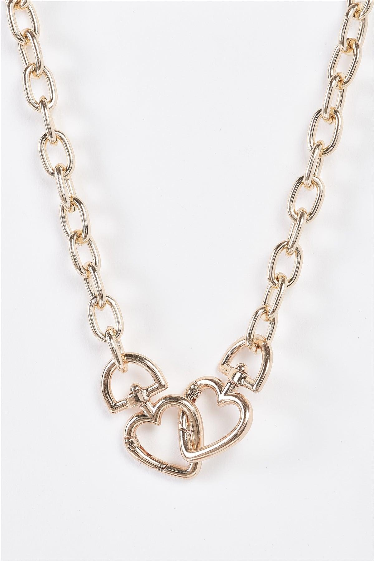Locked Hearts Gold Link Chain Interlocked Hearts Charm Detail Short Necklace /3 Pieces
