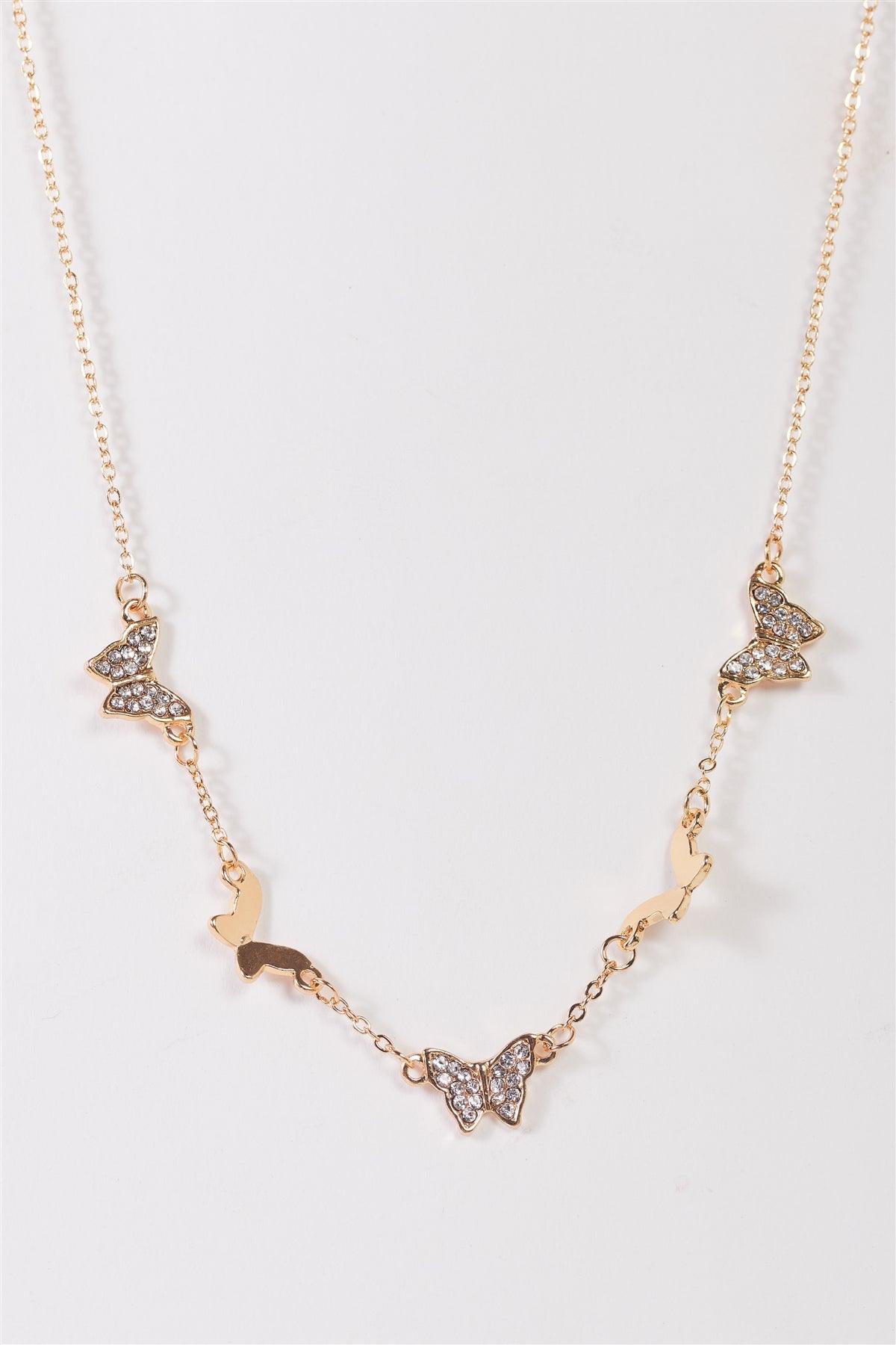 Gold Thin Linked Chain With Gold & Crystal Butterfly Pendants Necklace /3 Pieces