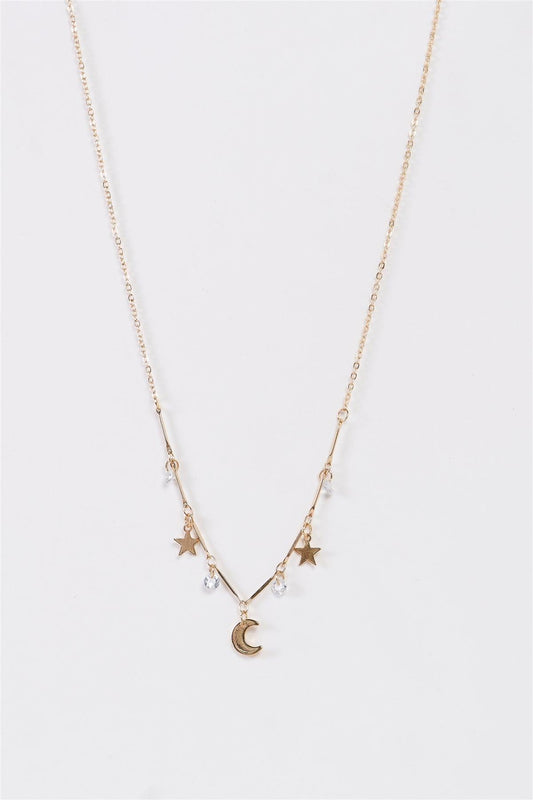Follow The Moon Gold Star & Faux Diamonds Trim Crescent Moon Charm Necklace /3 Pieces