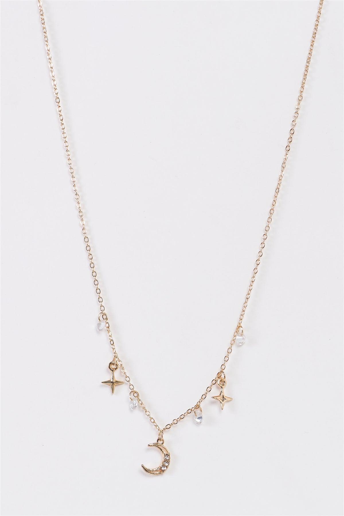 "Night Sky" Gold Faux Diamond Star Crescent Multi Pendant Necklace /3 Pieces