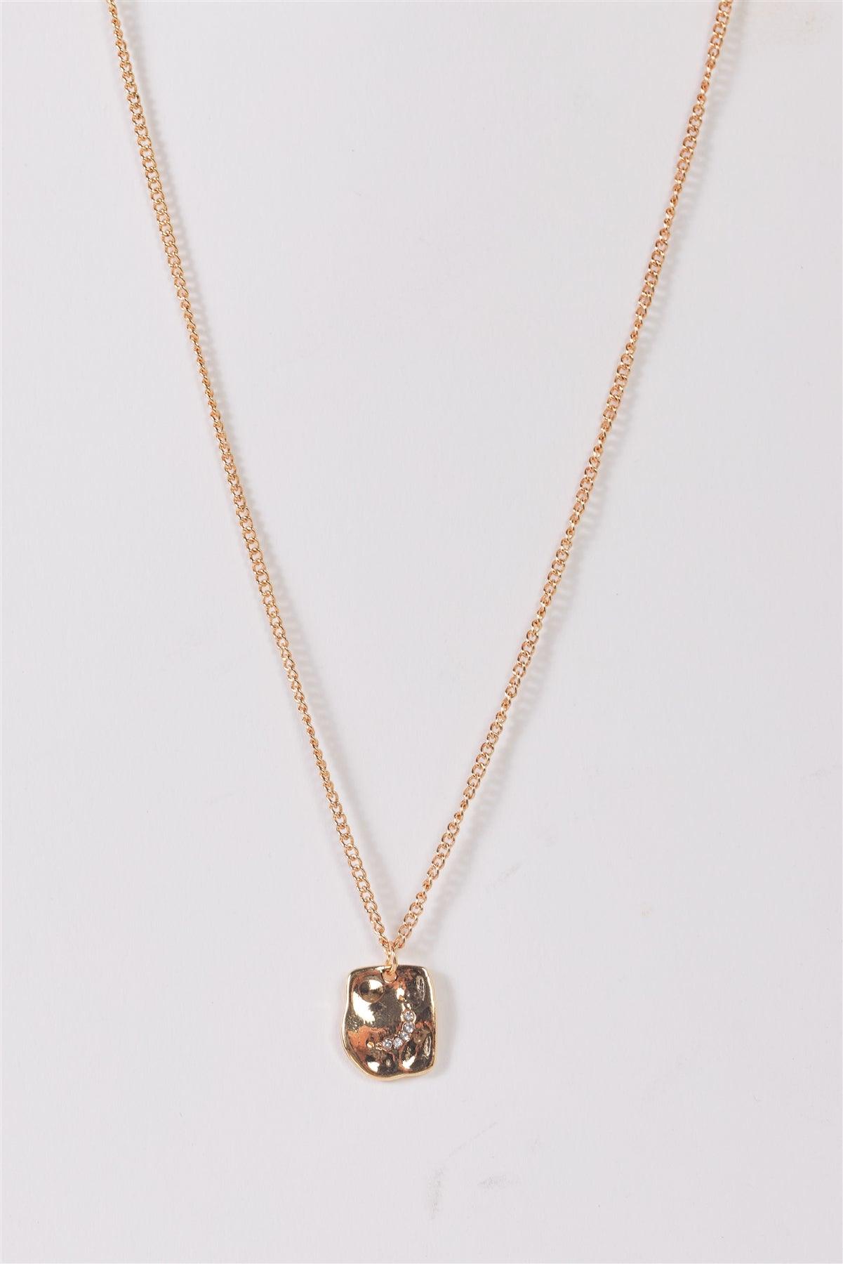 Gold Link Chain With Asymmetrical Textured Rectangle & Faux Crystals Moon Pendant Necklace /3 Pieces