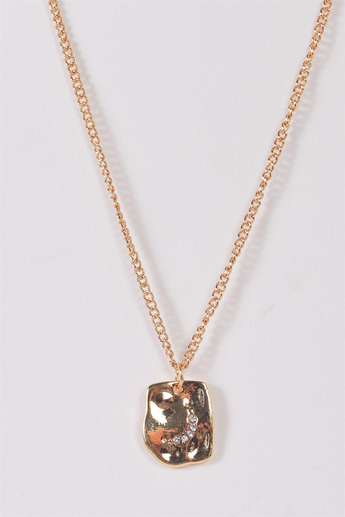 Gold Link Chain With Asymmetrical Textured Rectangle & Faux Crystals Moon Pendant Necklace /3 Pieces