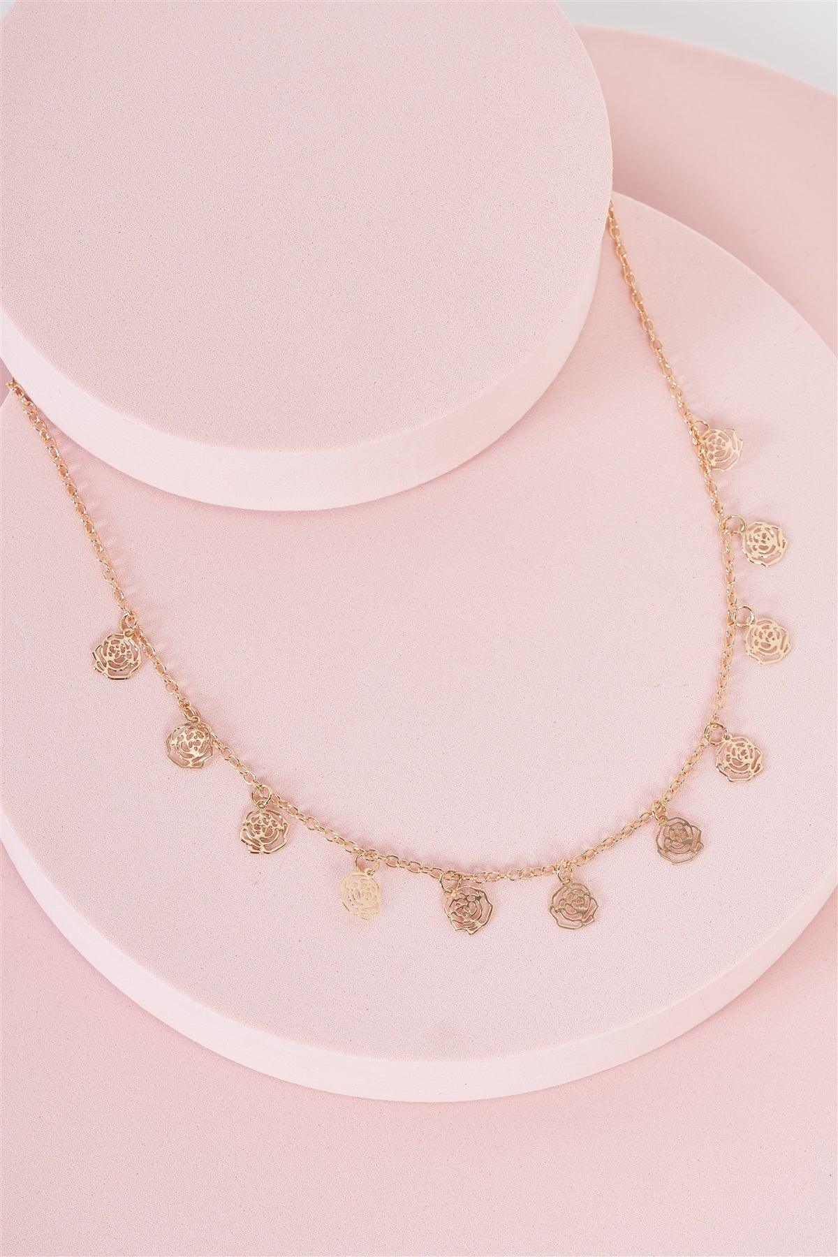 Gold Chain Charmed Outline Rose Necklace /3 Pieces