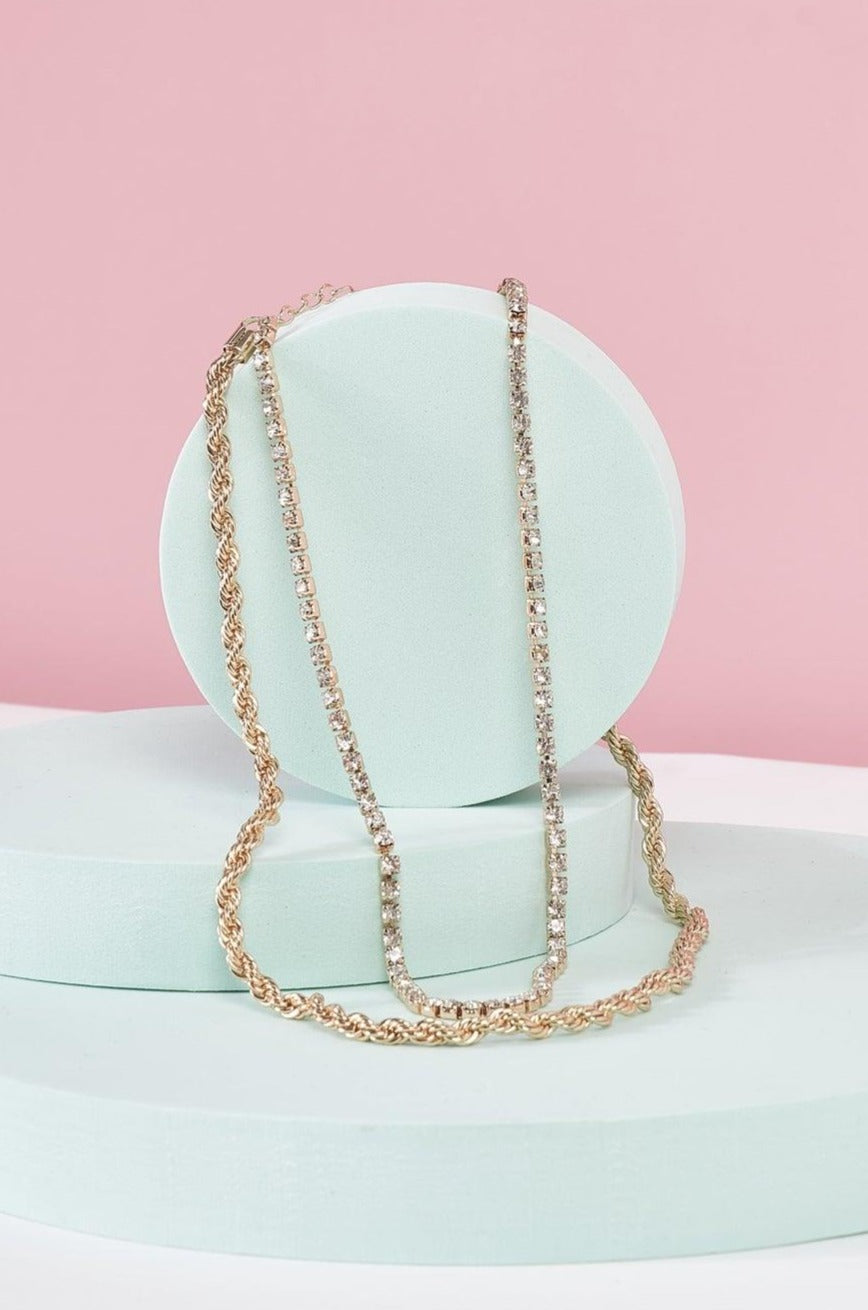 Gold Rope Chain & Rhinestone Double-Chain Necklace /3 Pieces