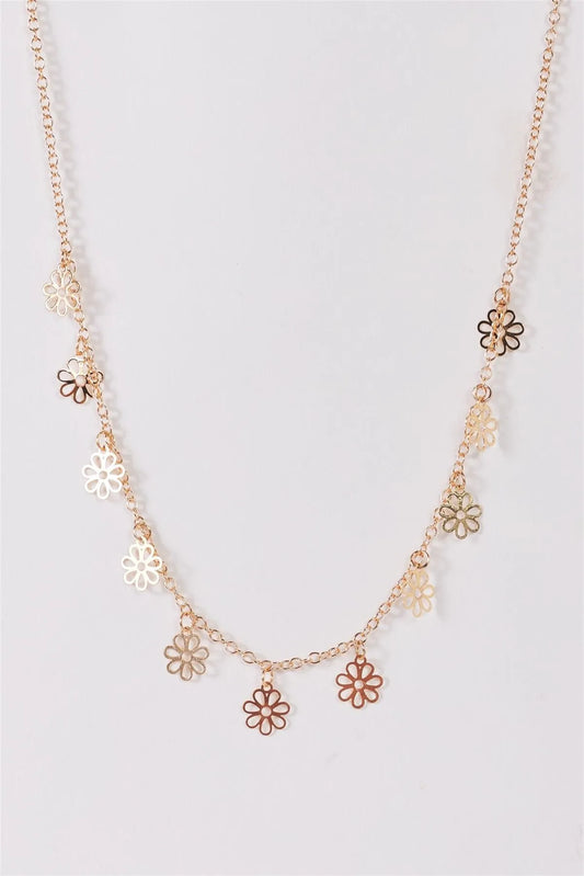 Gold Short Chain Laser Cut Daisy Charms Necklace - Tasha Apparel Wholesale