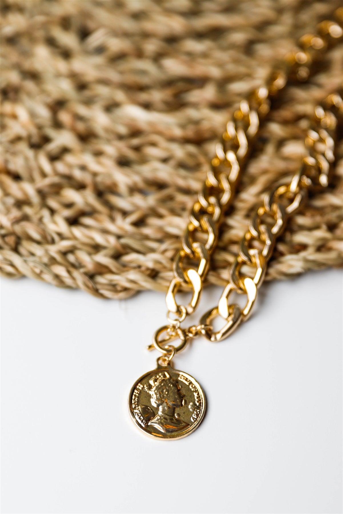 "Dos Pesos" Gold Chunky Link Chain With Double Side Coin Pendant Necklace /3 Pieces