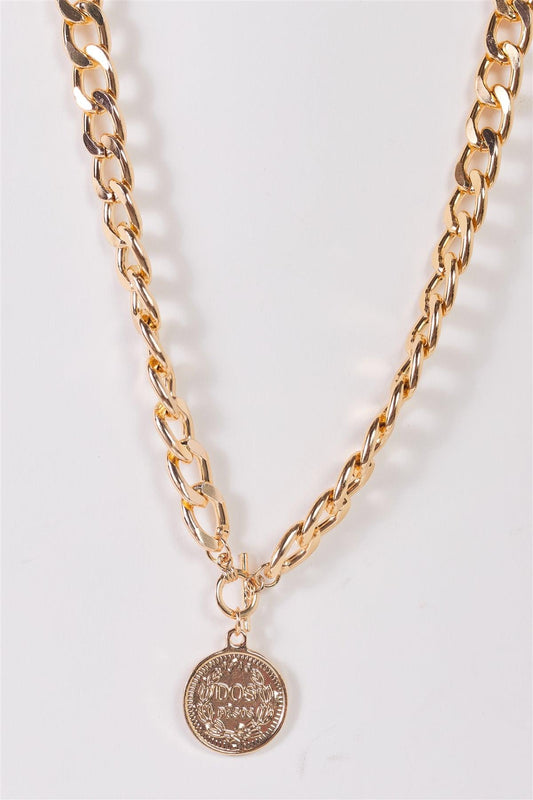 "Dos Pesos" Gold Chunky Link Chain With Double Side Coin Pendant Necklace /3 Pieces
