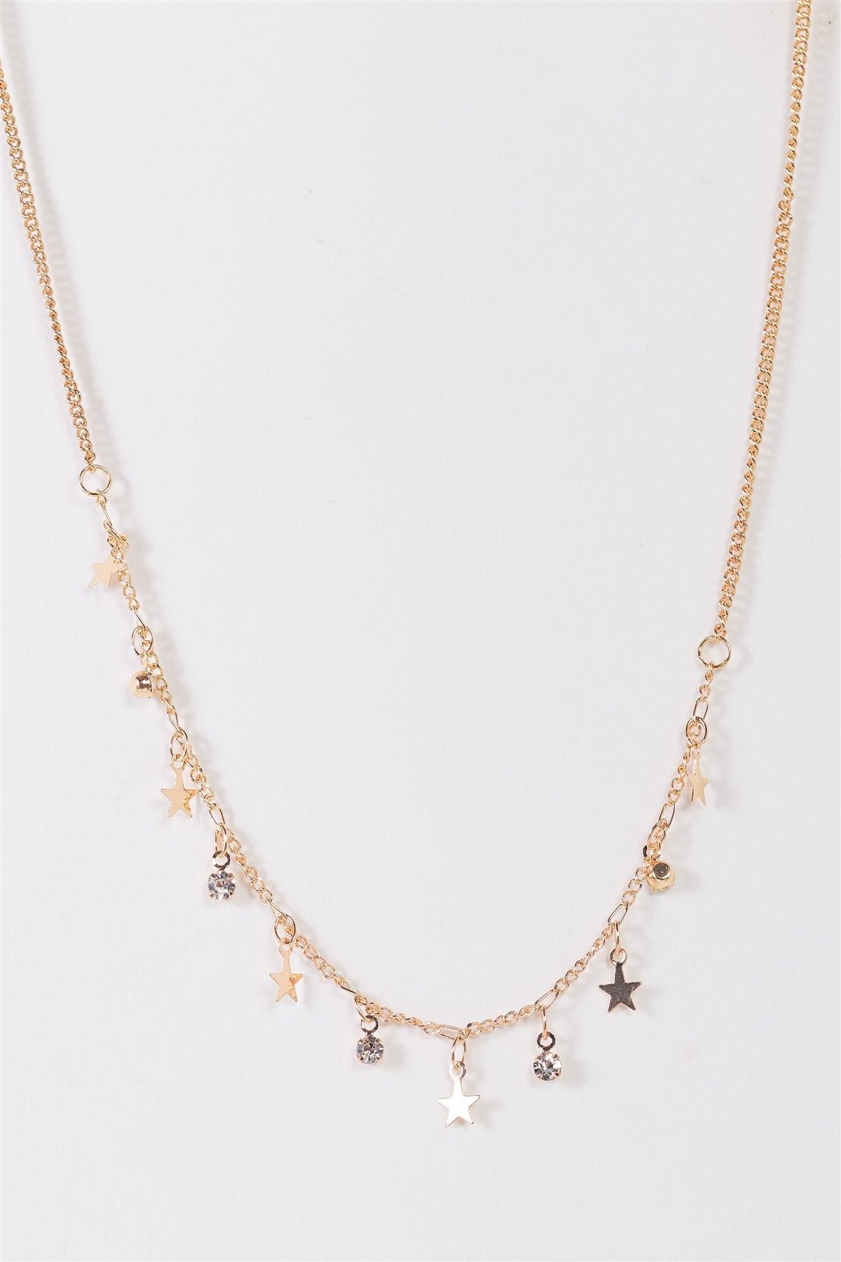 Gold Link Chain With Star & Faux Diamond Charms Necklace /3 Pieces