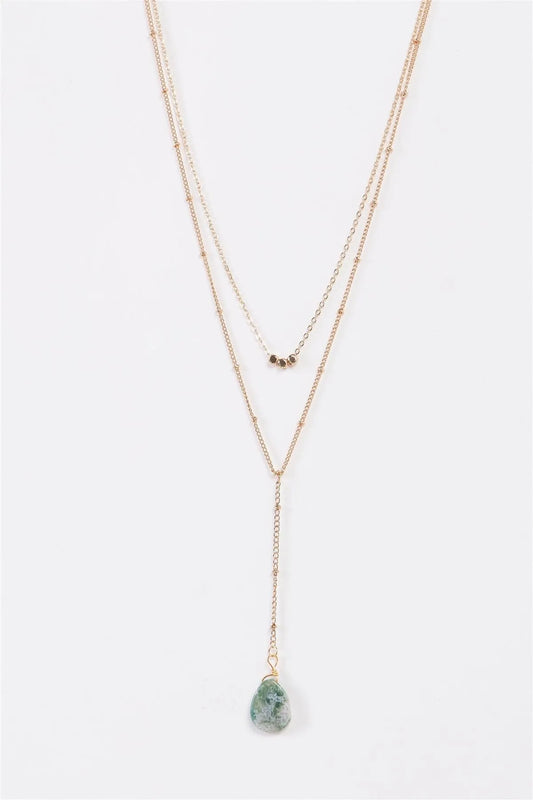 Gold Faux Jade Stone Double Chine Necklace - Tasha Apparel Wholesale
