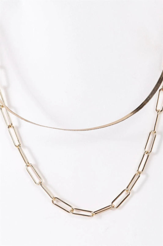 Gold Double Herring Bone & Paper Clip Chains Necklace /3 Pieces - Tasha Apparel Wholesale