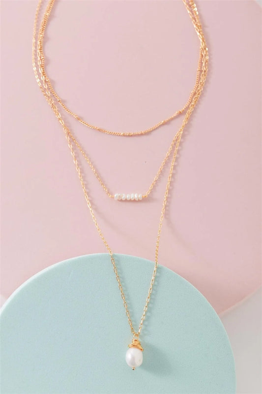 Gold Triple Layered Ball & Curb Paper Clip & Link Chains With Pearl Charms And Pendant Necklace /3 Pieces - Tasha Apparel Wholesale
