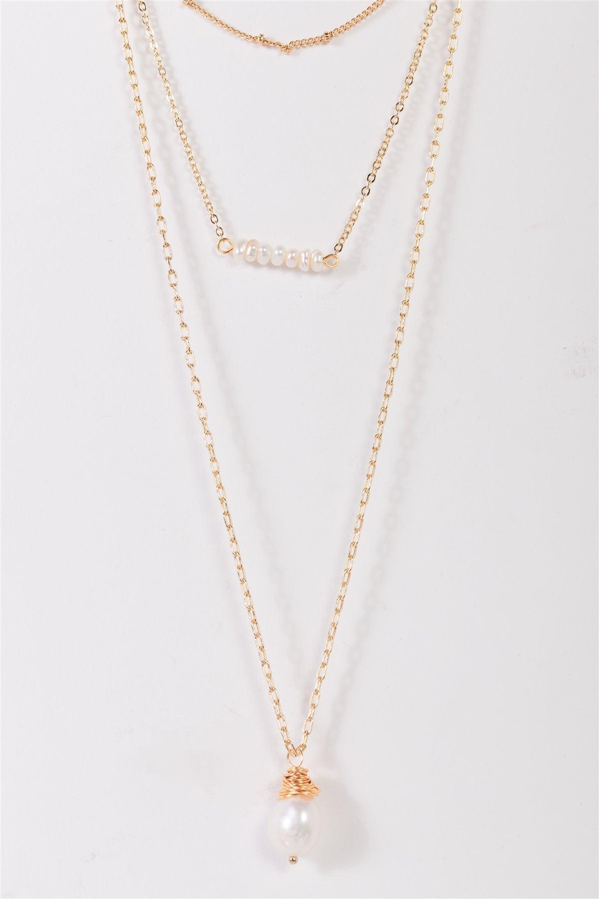 Gold Triple Layered Ball & Curb Paper Clip & Link Chains With Pearl Charms And Pendant Necklace /3 Pieces