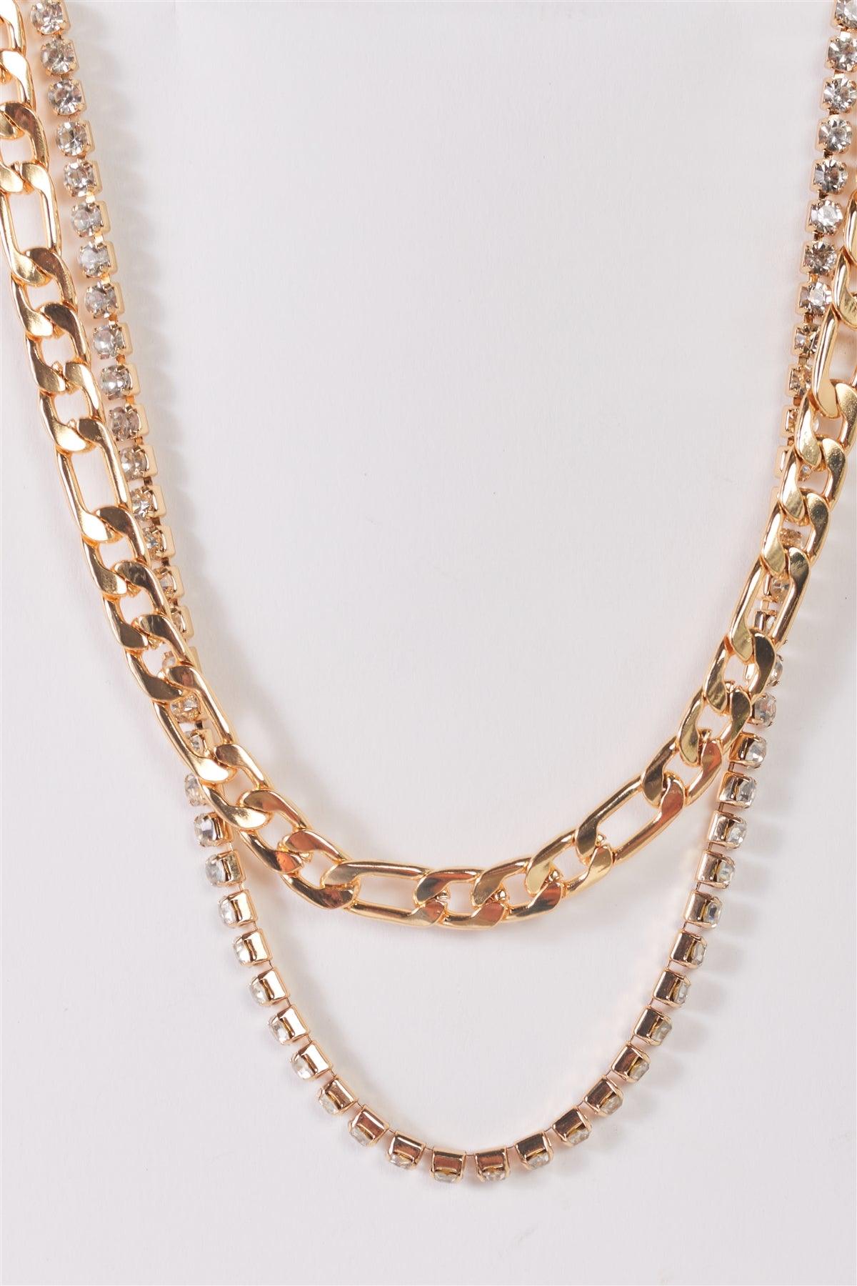 Gold Figaro Link Chain & Rhinestone Box Chain Set Necklace /3 Pieces