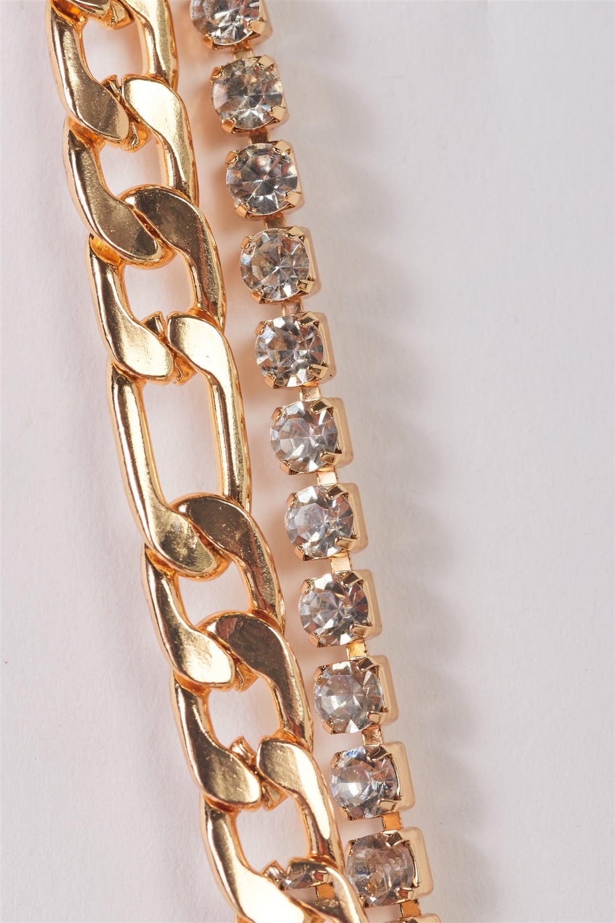 Gold Figaro Link Chain & Rhinestone Box Chain Set Necklace /1 Piece