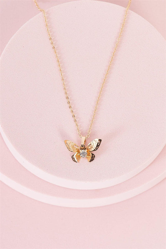 Gold Faux Diamond Detail Butterfly Charm Chain Necklace /3 Pieces