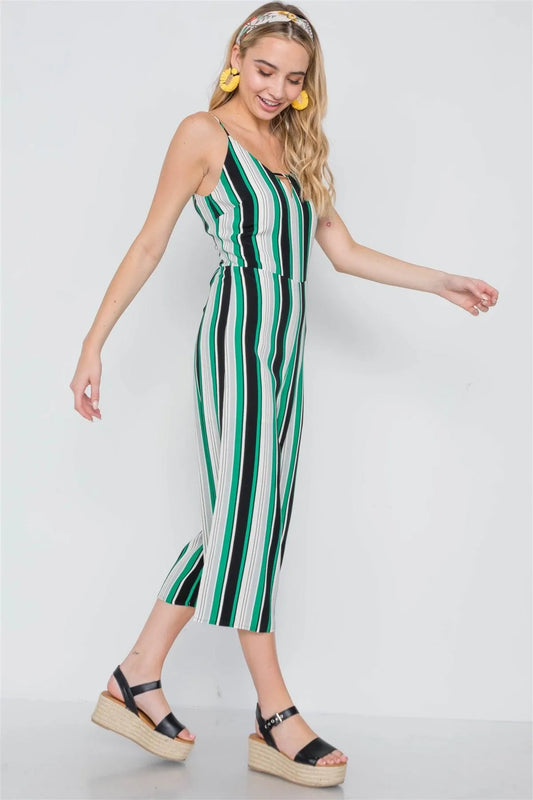 Green Stripe Cami Wide Leg Capri Jumpsuit /1-2-1 - Tasha Apparel Wholesale