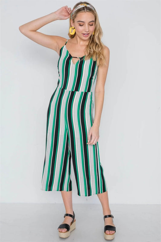 Green Stripe Cami Wide Leg Capri Jumpsuit /2-2-2 - Tasha Apparel Wholesale