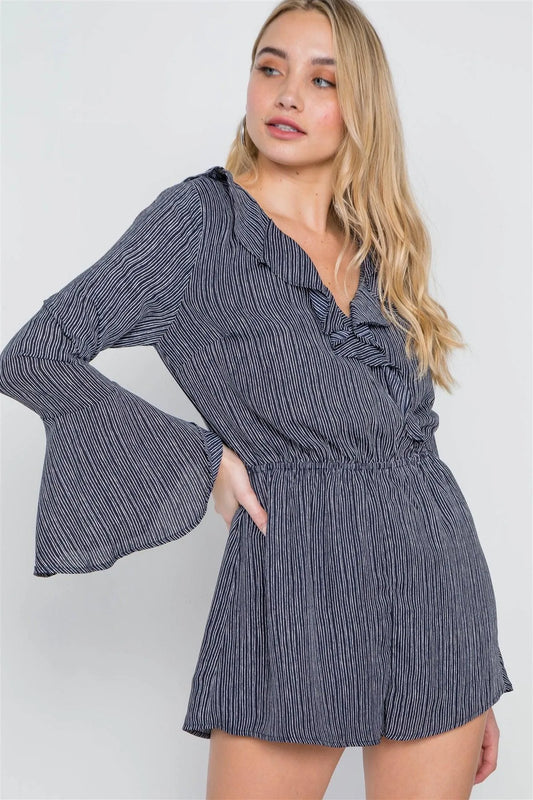 Navy White Surplice Neck Long Sleeve Romper /2-2-2 - Tasha Apparel Wholesale
