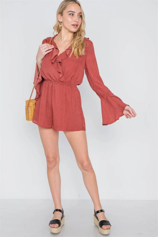 Rust Black Surplice Neck Long Sleeve Romper /2-2 - Tasha Apparel Wholesale