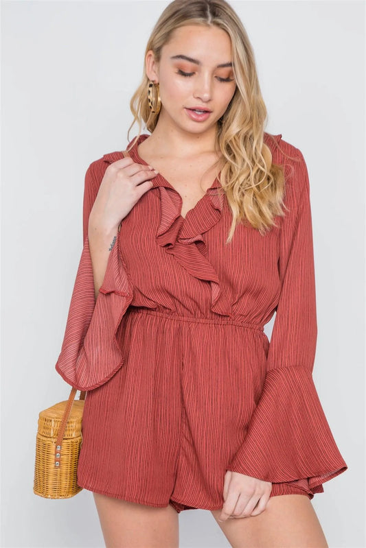 Rust Black Surplice Neck Long Sleeve Romper /2-2-2 - Tasha Apparel Wholesale