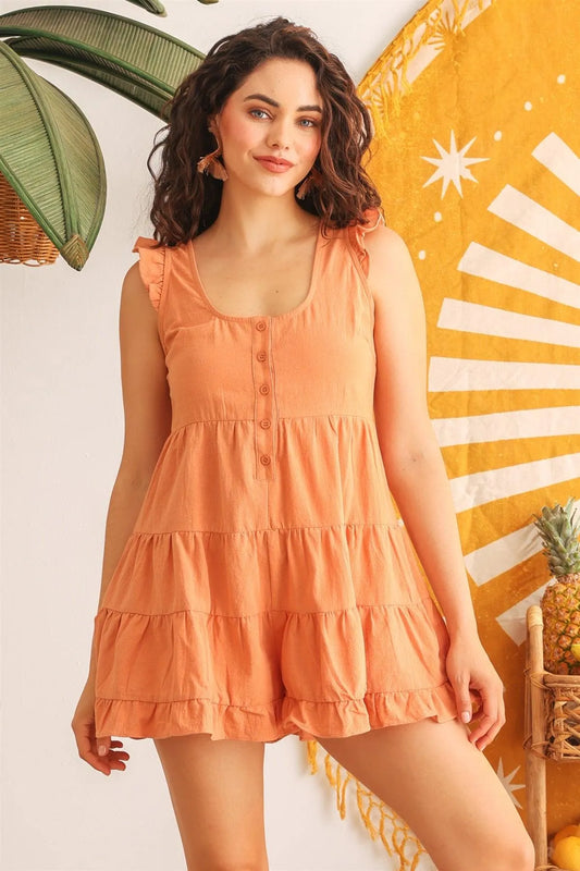Salmon Cotton Ruffle Button-Up Sleeveless Romper /2-2-2 - Tasha Apparel Wholesale