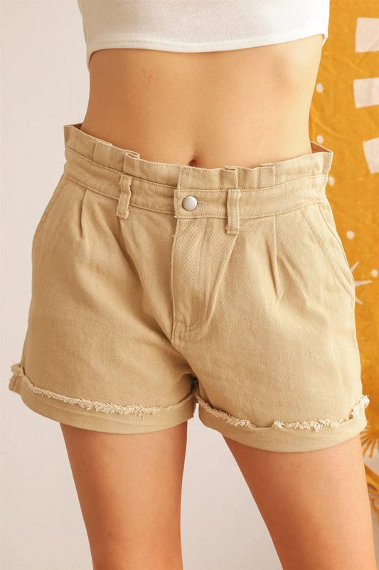 Taupe Cotton High Waist Four Pocket Shorts /2-2-2 - Tasha Apparel Wholesale