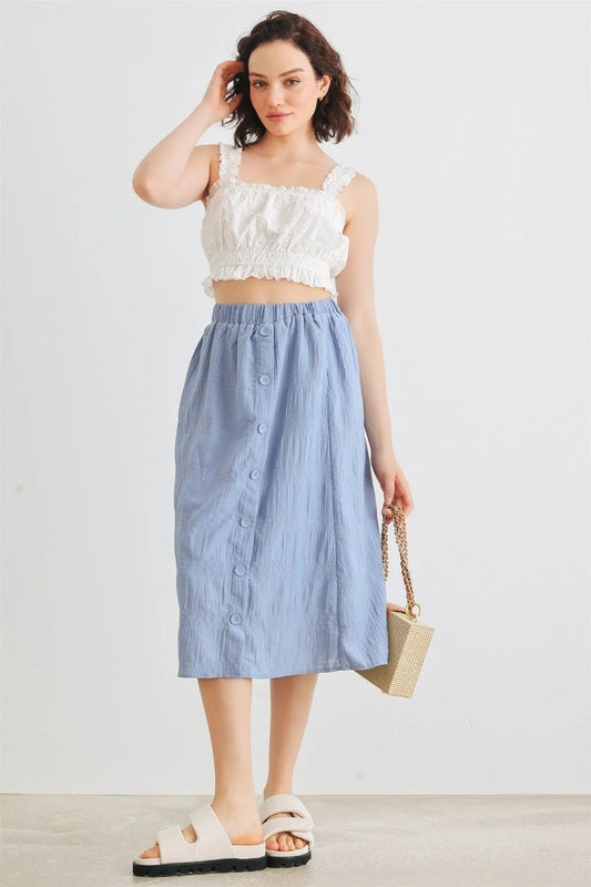 Denim Blue High Waist Front Button Midi Skirt /1-2-2 - Tasha Apparel Wholesale