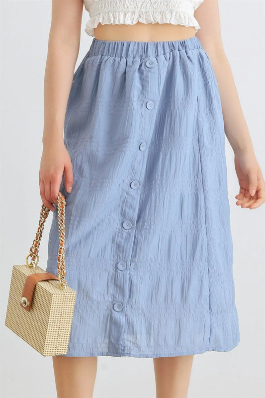 Denim Blue High Waist Front Button Midi Skirt /2-2-2 - Tasha Apparel Wholesale