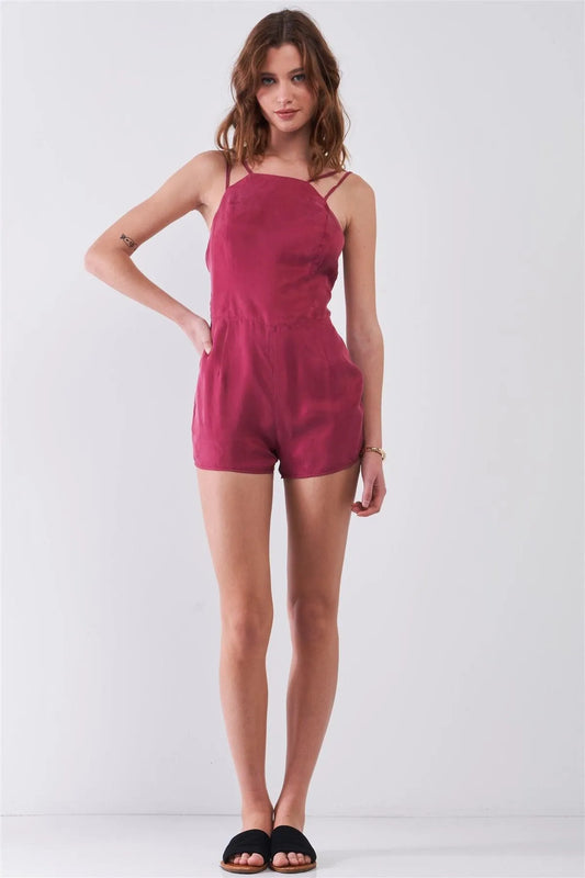 Red Sangria Sleeveless Bandeau Neck Open Back Detail Romper /2-1-1 - Tasha Apparel Wholesale