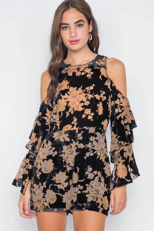 Black Mustard Floral Cold Shoulder Bell Sleeve Romper /2-2-2 - Tasha Apparel Wholesale
