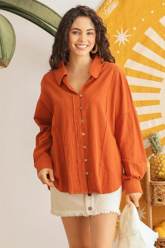 Rust Cotton Button-Up Long Sleeve Shirt /2-2-2 - Tasha Apparel Wholesale
