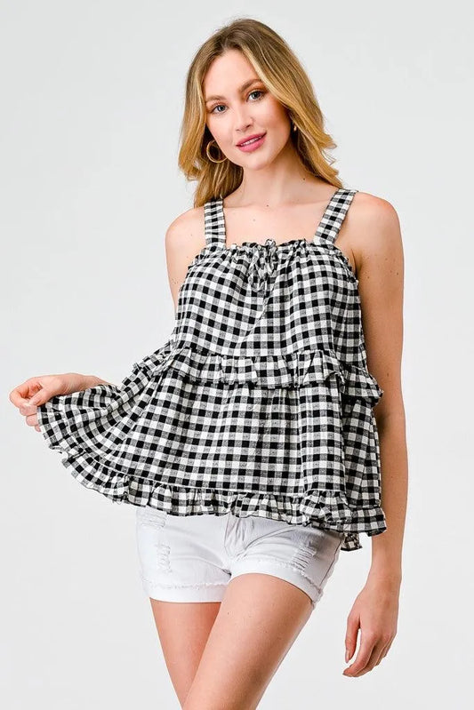 Black & White Plaid Cotton Sleeveless Ruffle Flare Hem Top /2-2-2 - Tasha Apparel Wholesale