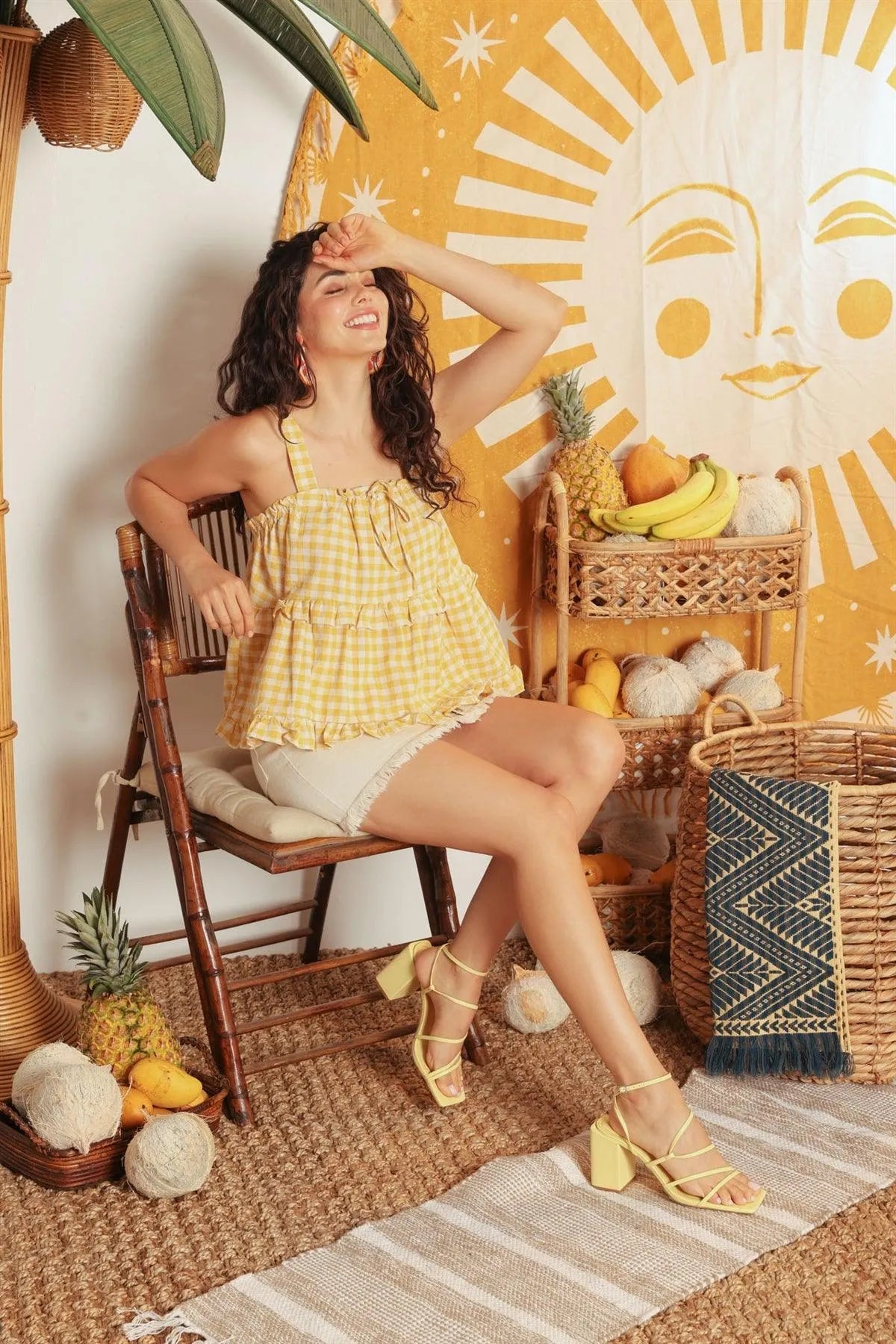 Yellow & White Plaid Cotton Sleeveless Ruffle Flare Hem Top /2-2-2 - Tasha Apparel Wholesale